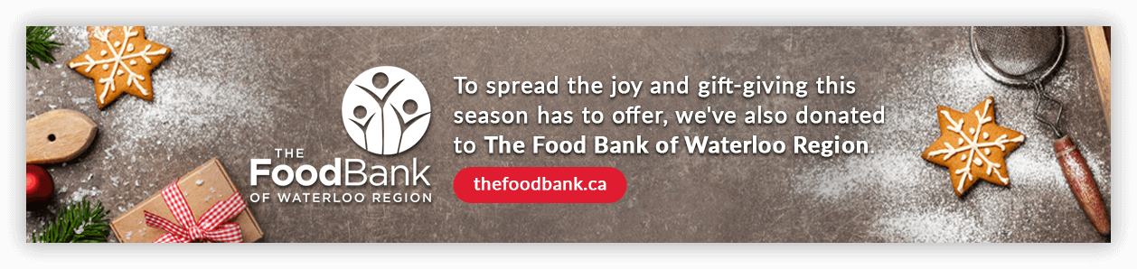 Food bank of Waterloo donation text on Holiday baking tools background